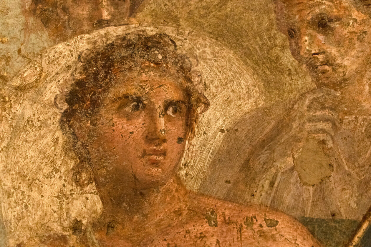 Das Bild zeigt ein antikes Fresko mit einer Person, die überrascht und neugierig aussieht, umgeben von anderen Figuren.