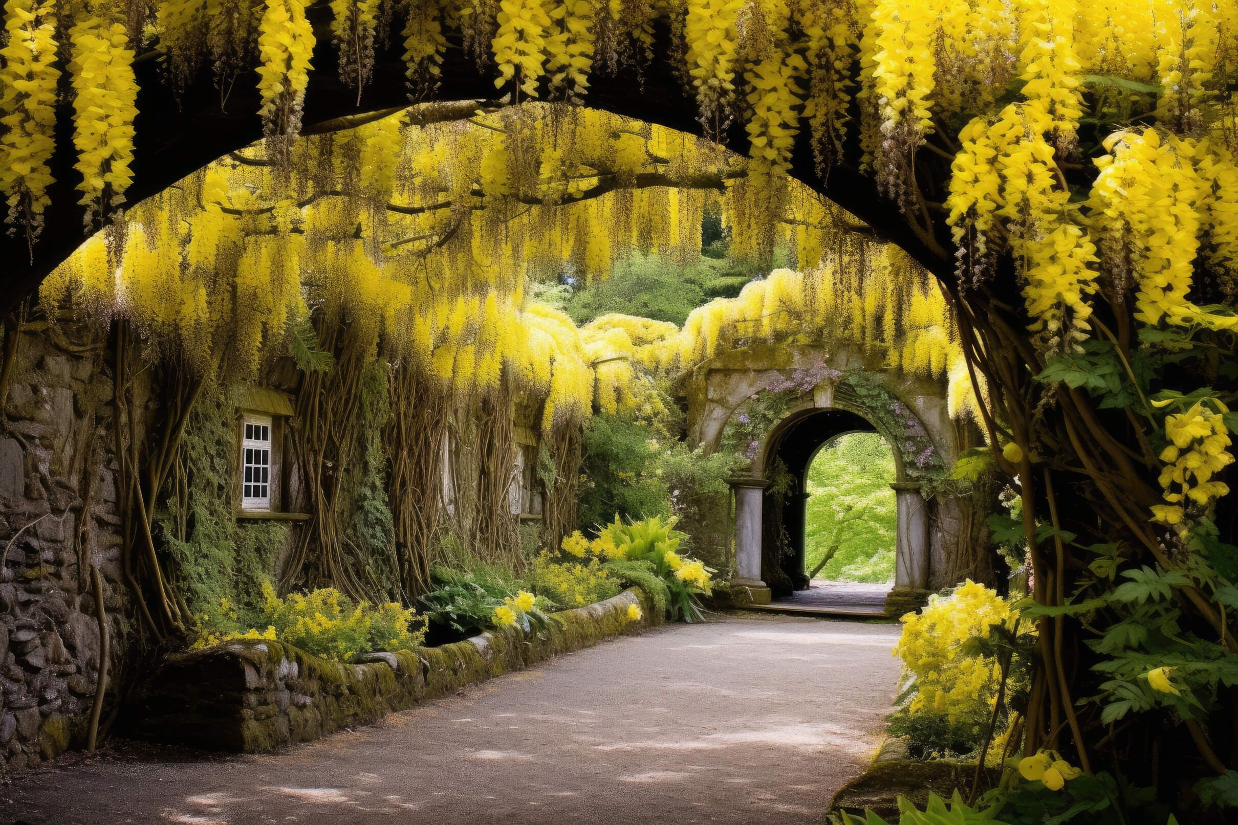 Ein malerischer Garten mit gelben Blüten, der durch Bögen und einen schmalen Weg harmonisch verbunden ist.
