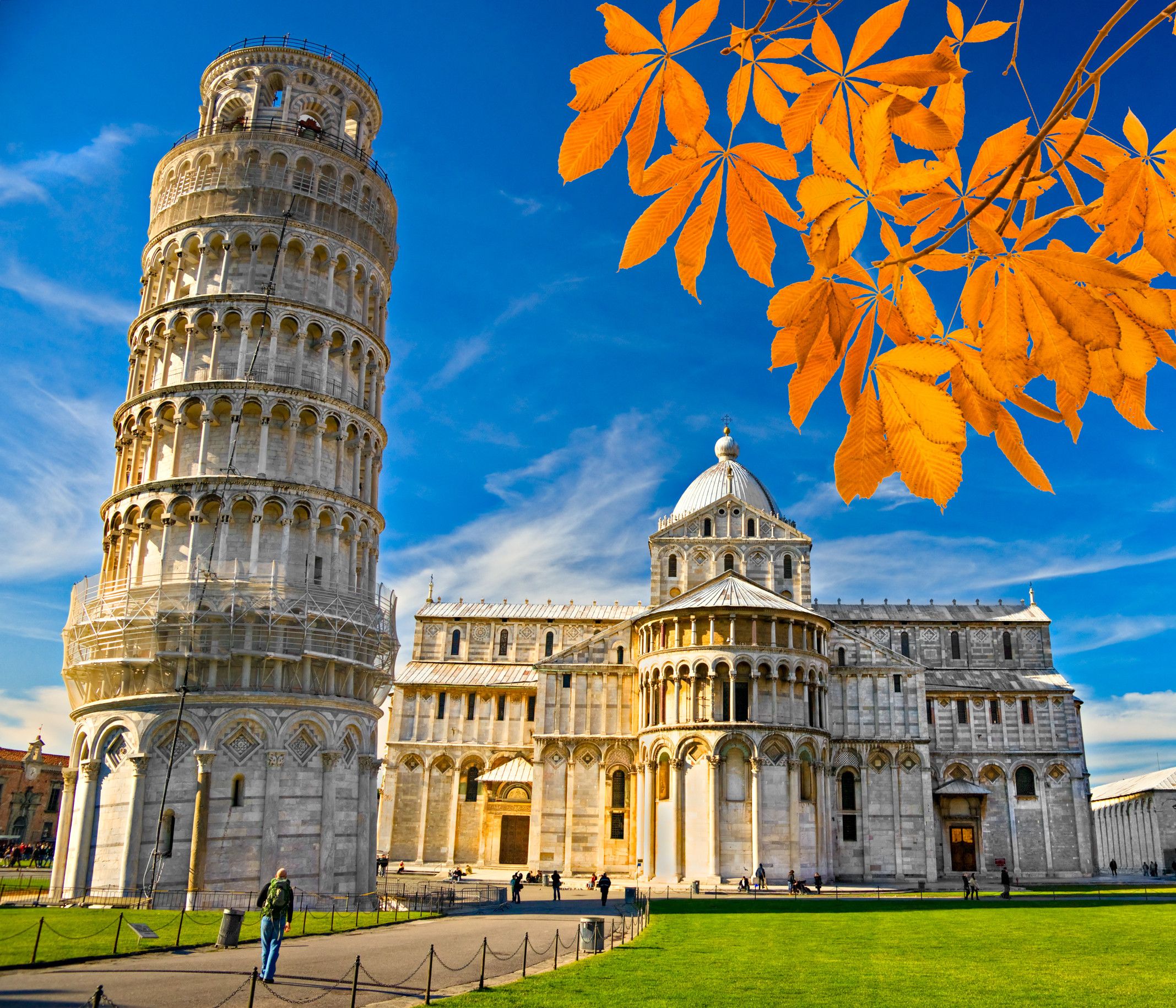 Der Schiefe Turm von Pisa vor blauem Himmel und herbstlichen Blättern, umgeben von historischen Gebäuden.