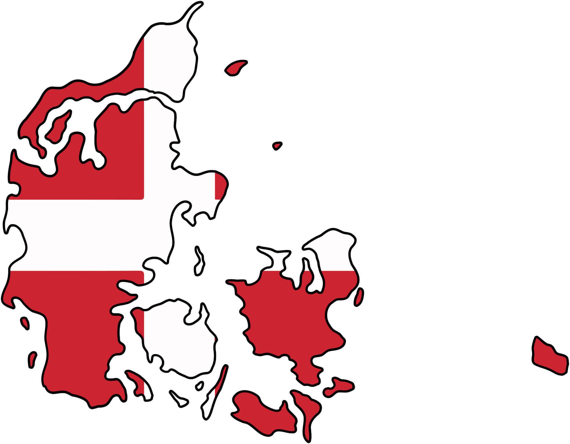 Eine Umrisskarte von Dänemark, gefüllt mit rotem und weißem Design, das der dänischen Flagge ähnelt.