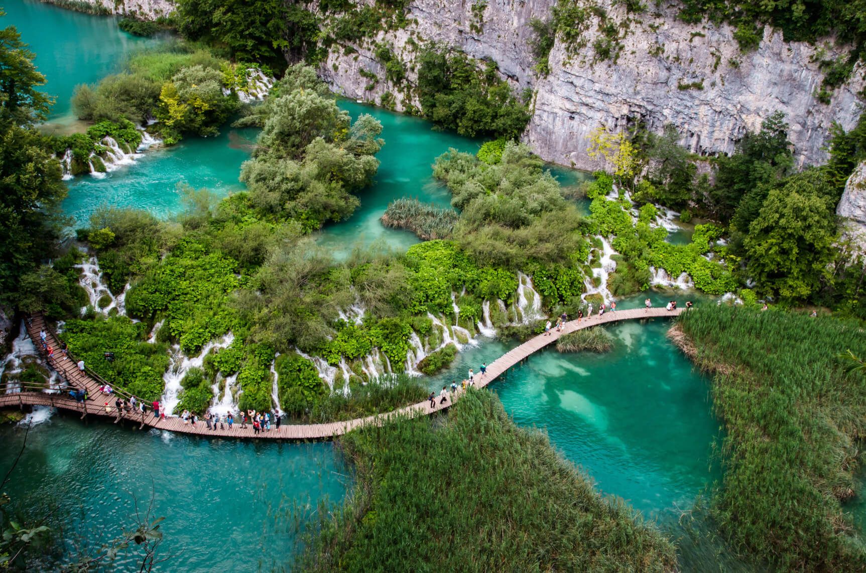 Eine Holzbrücke im Nationalpark Plitvicer Seen schlängelt sich durch smaragdgrüne Gewässer und üppige Pflanzen im Naturschutzgebiet.