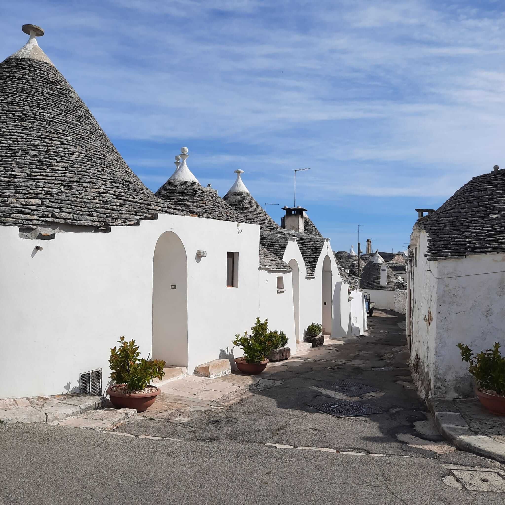 Ein ruhiger Weg mit weißen Trulli-Häusern und kegelförmigen Dächern unter einem blauen Himmel.