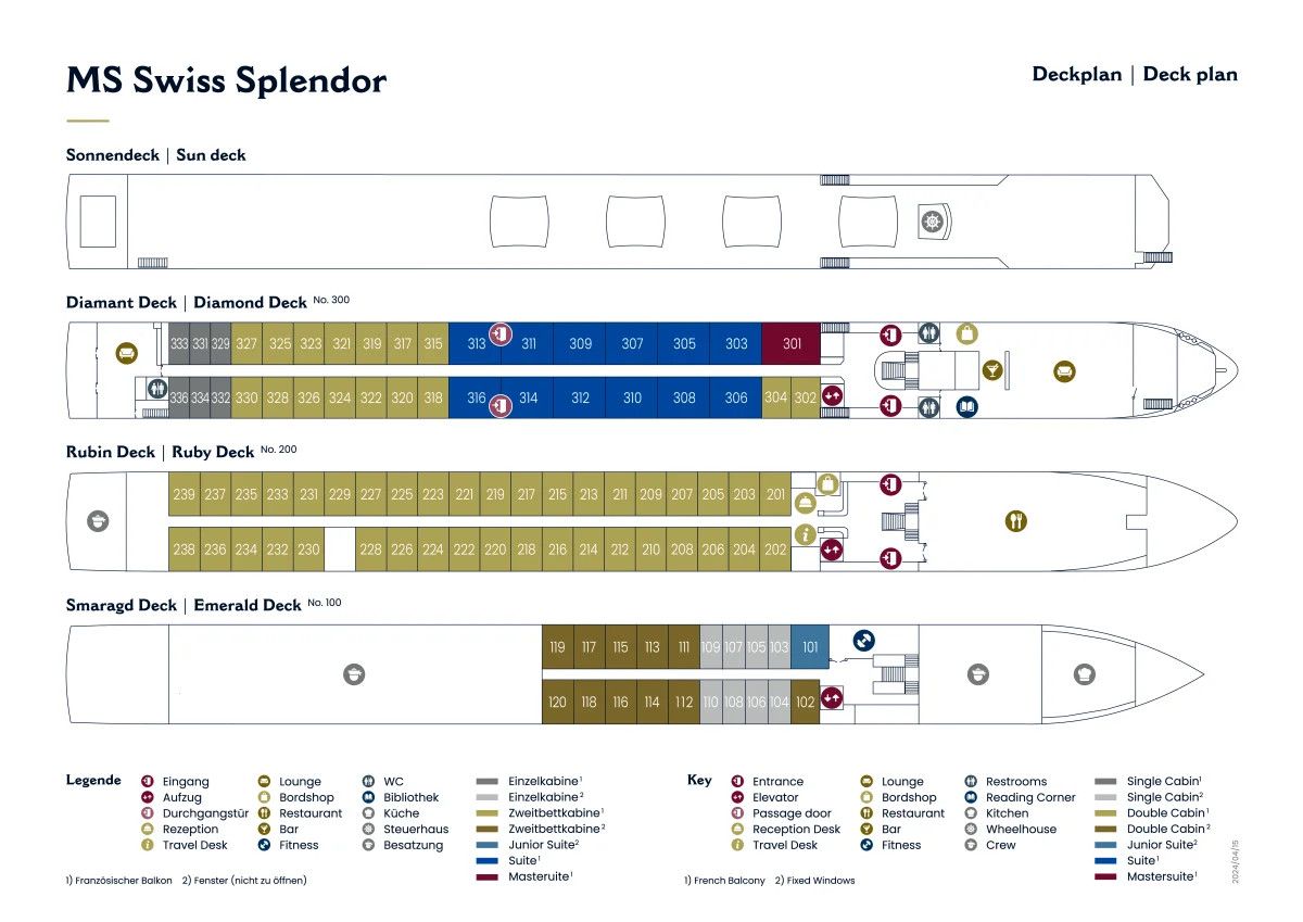 Deckplan des MS Swiss Splendor mit verschiedenen Decks und Kabinenaufteilungen. Übersichtliche Legende enthalten.