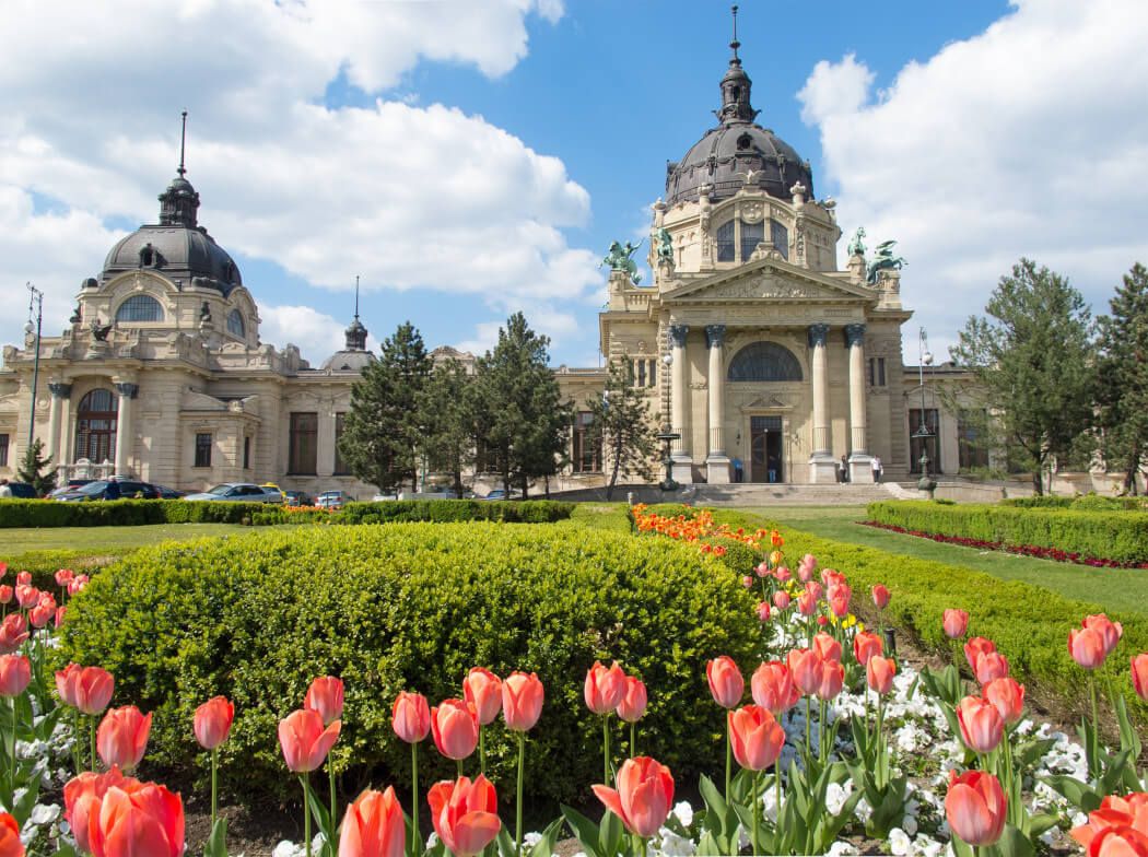 Ein beeindruckendes Gebäude mit einer prächtigen Fassade, umgeben von bunten Blumen und strahlend blauem Himmel.