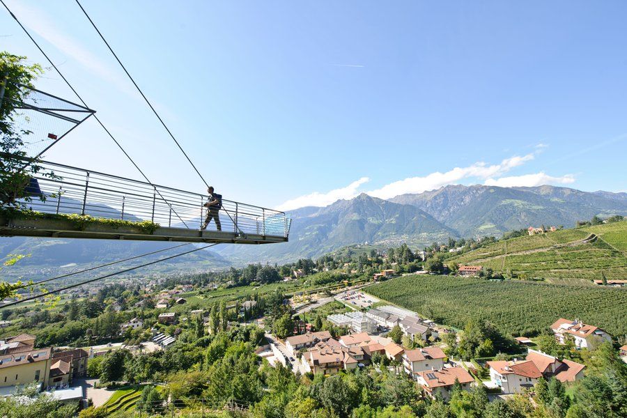 Ein Mann steht auf einer Hängebrücke mit Blick auf eine malerische Landschaft und Berge. Klarer blauer Himmel.