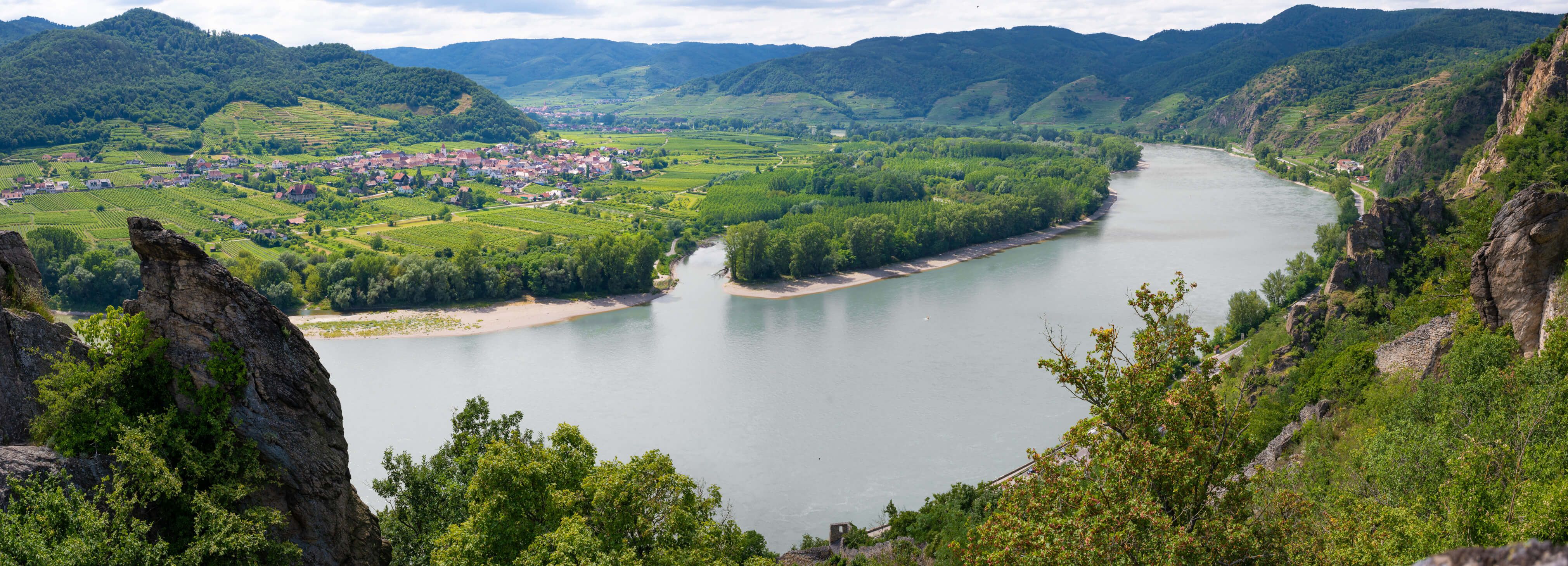 Ein malerischer Blick auf die Donau, umgeben von Weinbergen und grünen Hügeln. Ruhe und Natur harmonieren hier.