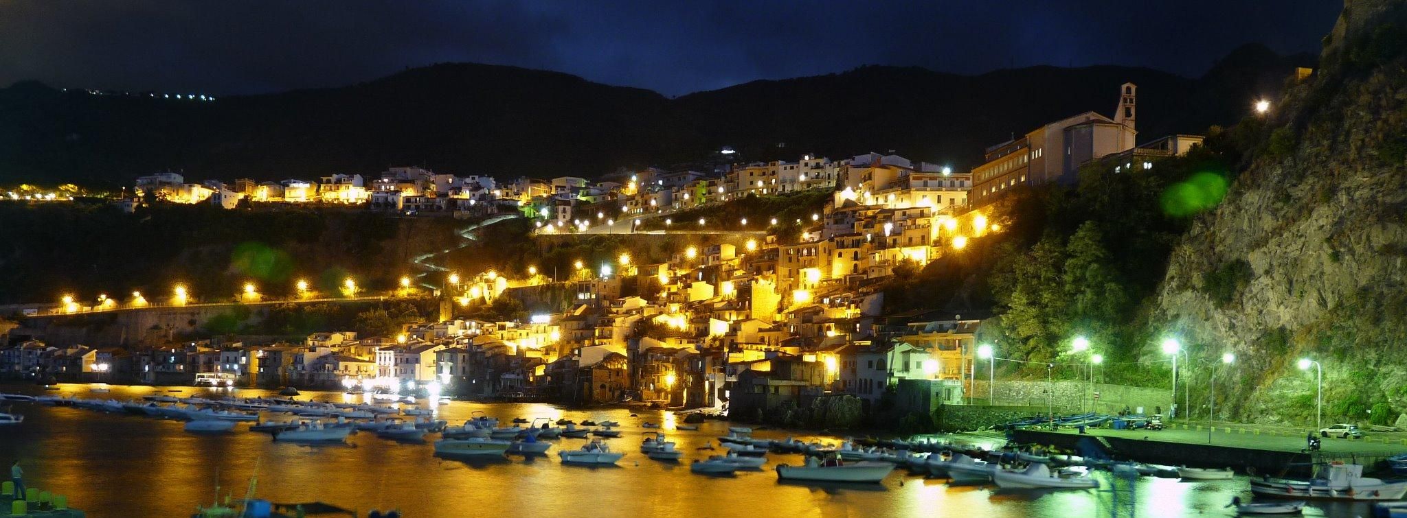 Ein malerisches Küstendorf leuchtet nachts, mit Booten im Wasser und Bergen im Hintergrund.